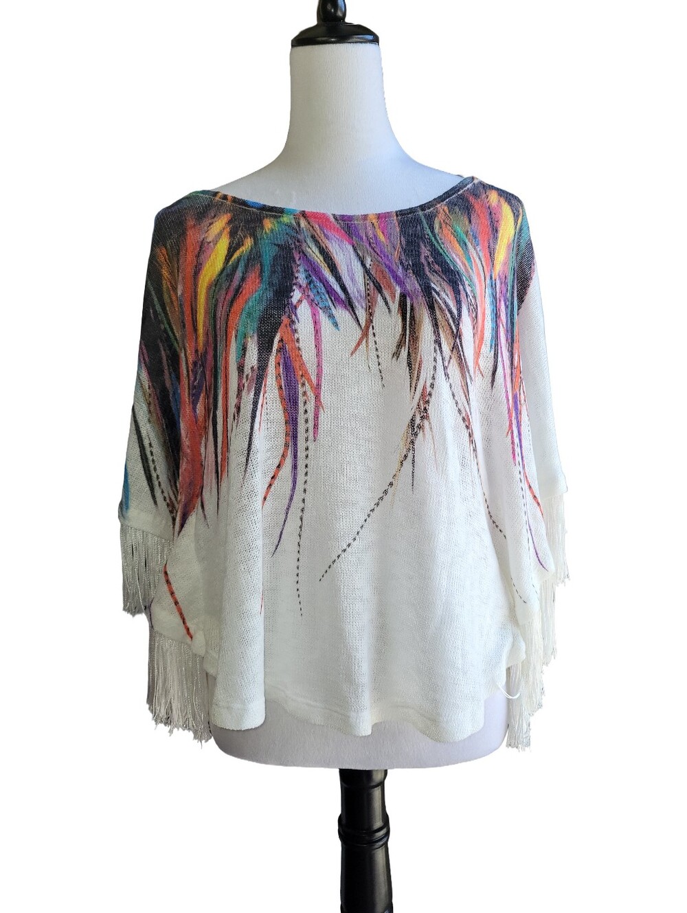 Vintage Boho Colorful Feather Print White Knit Poncho With Fringe Sleeves OS